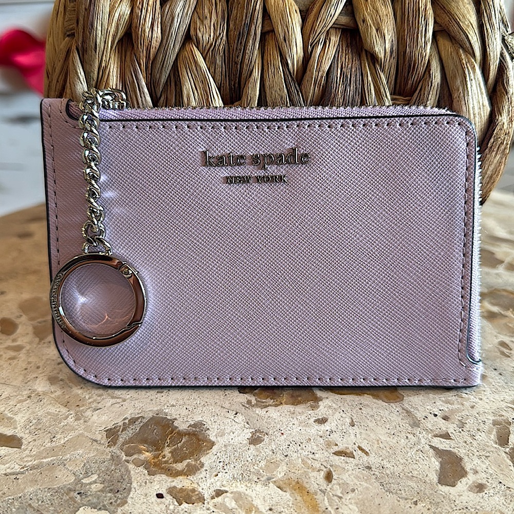 Kate Spade medium L zip card holder. Lavender mist and petrol blue colors.